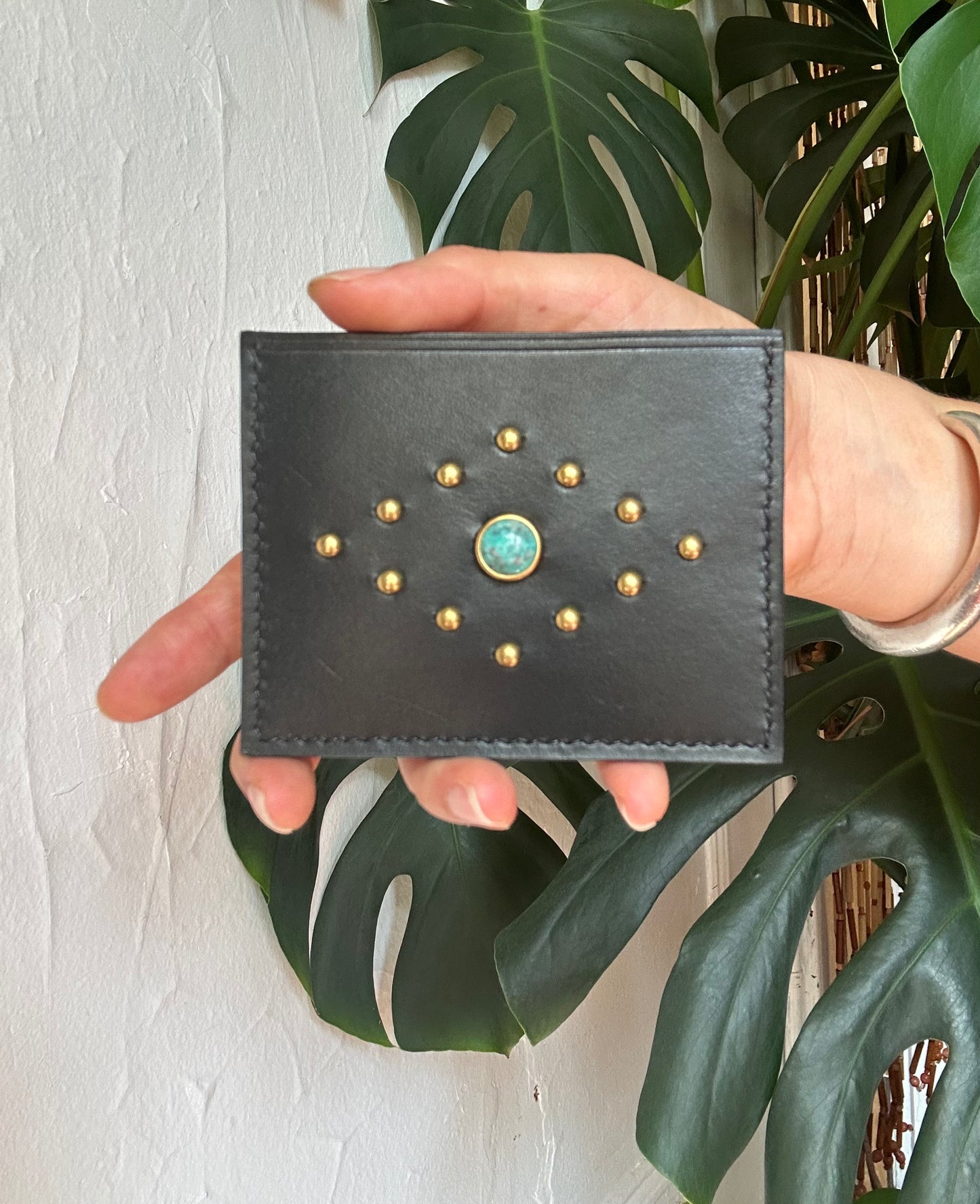 Brass & Turquoise Studded Card Wallet