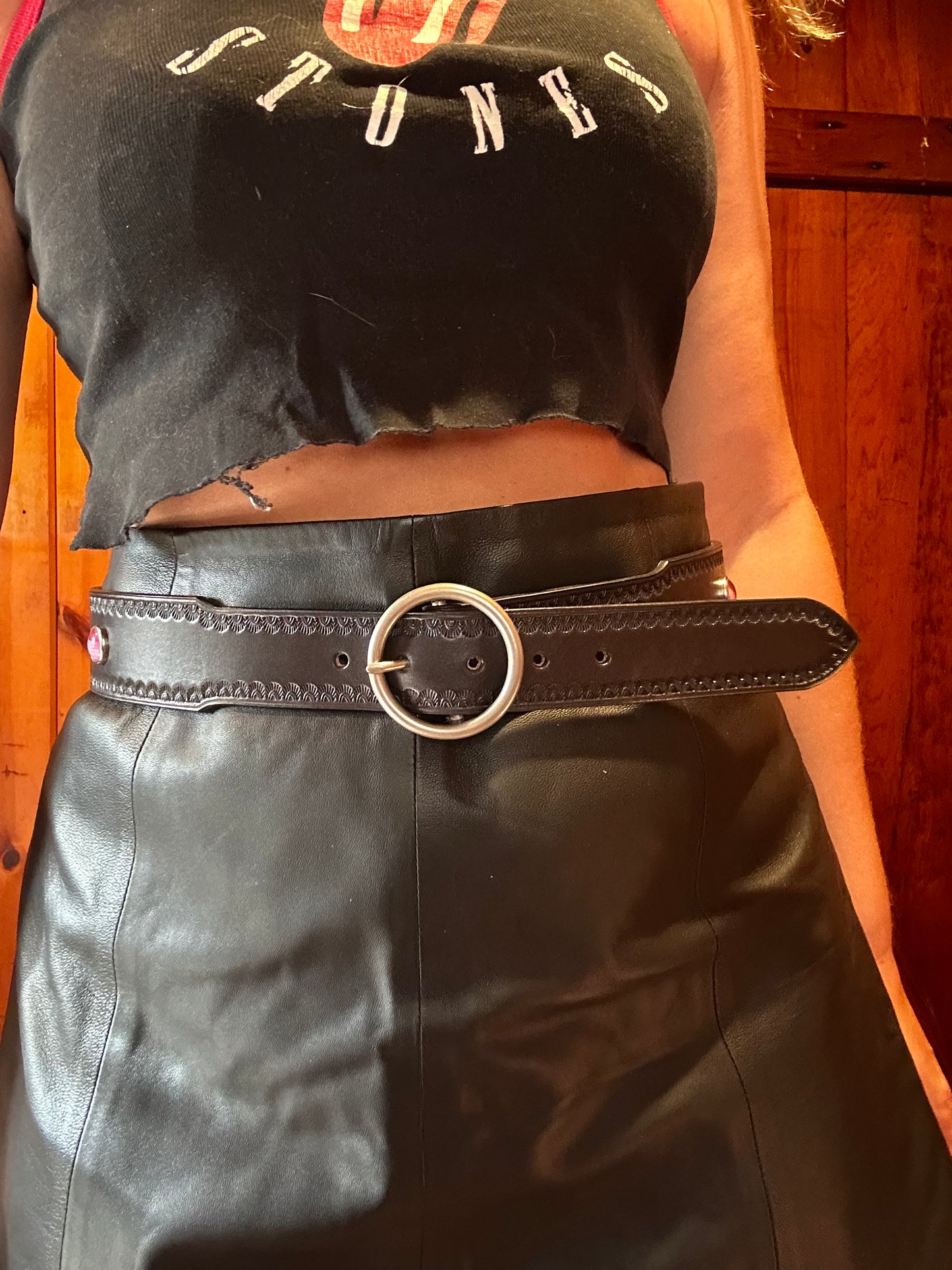 Black Belt with Vintage Pink Cabochons