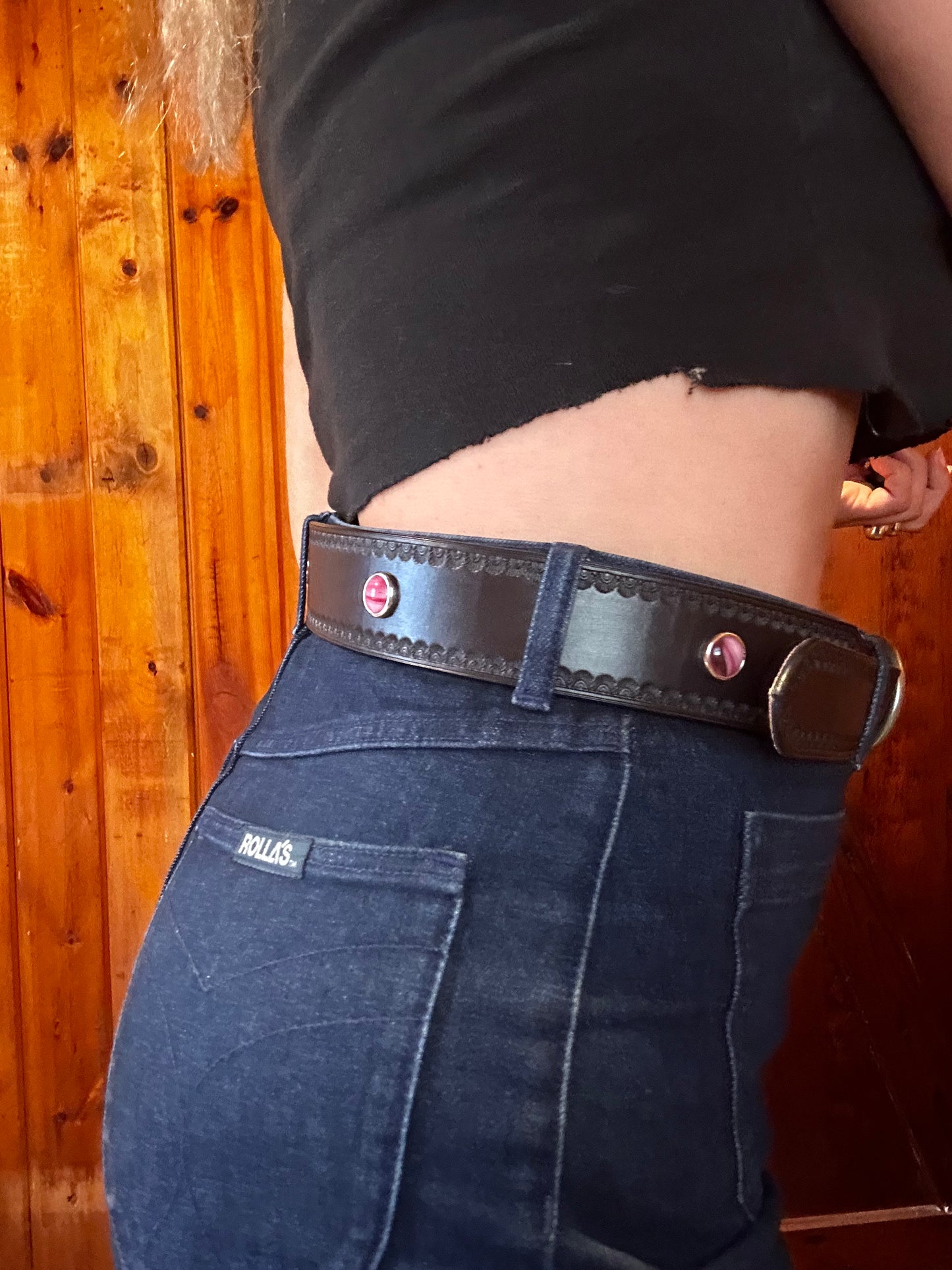 Black Belt with Vintage Pink Cabochons