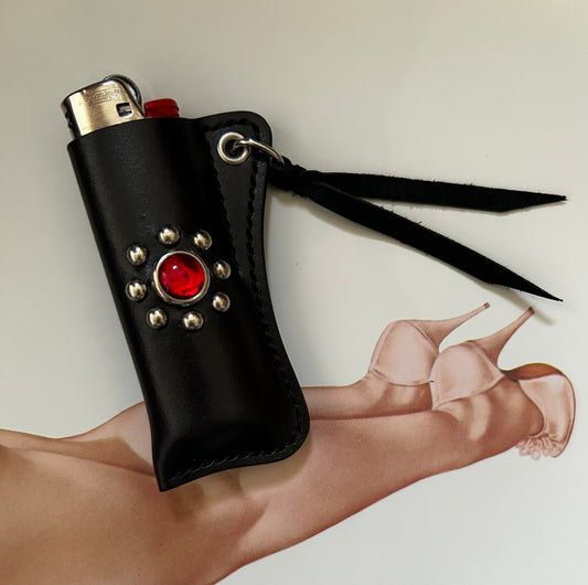 Leather Lighter Sleeve with Ruby Red Cabochon