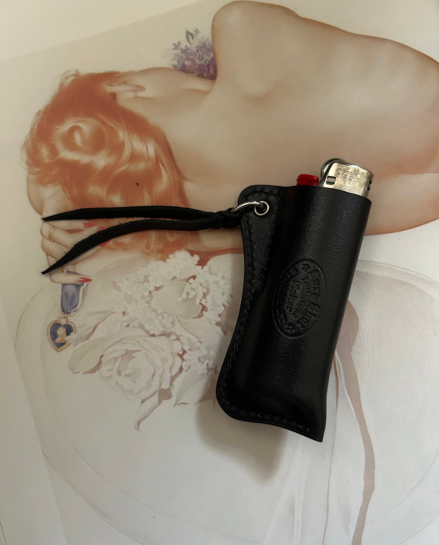 Leather Lighter Sleeve with Ruby Red Cabochon