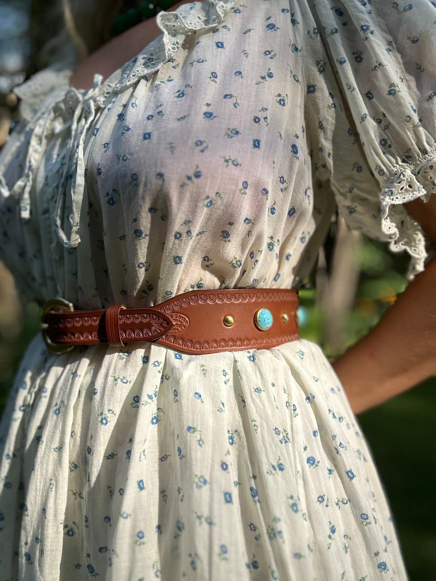 Brown Leather Tapered Belt with Turquoise Studs