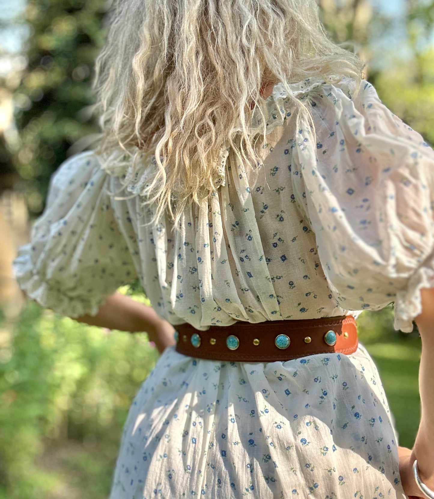 Brown Leather Tapered Belt with Turquoise Studs