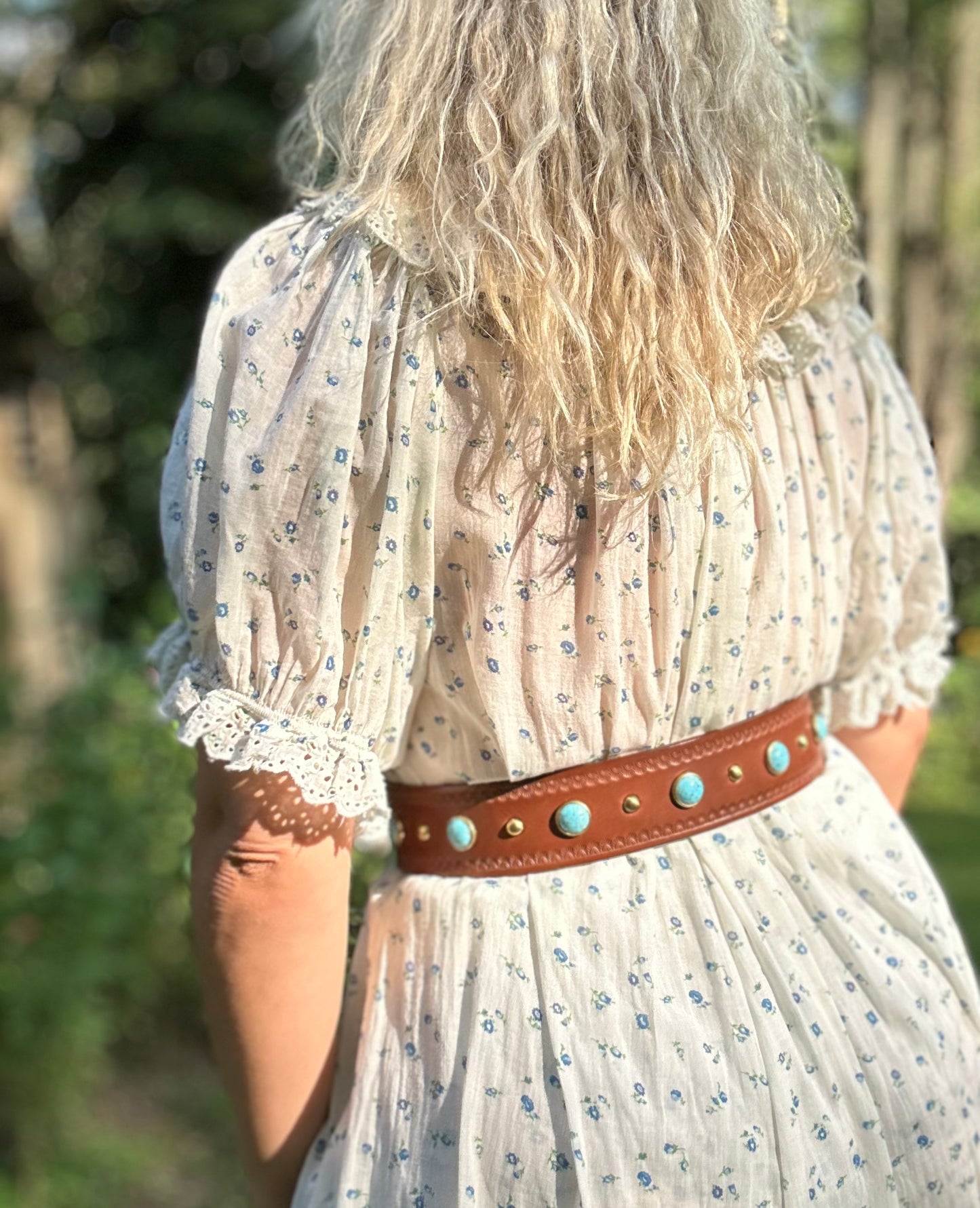 Brown Leather Tapered Belt with Turquoise Studs