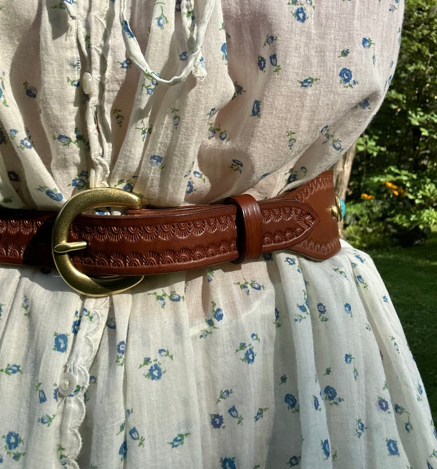 Brown Leather Tapered Belt with Turquoise Studs