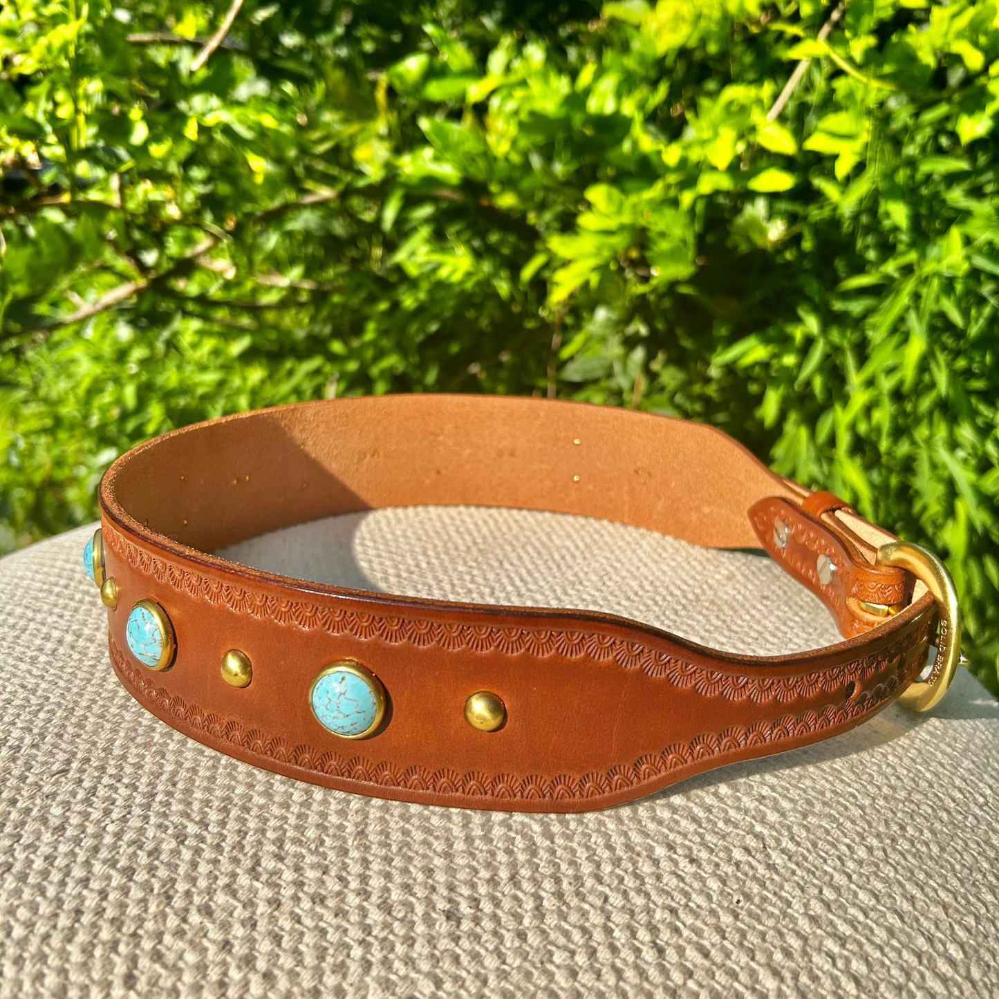 Brown Leather Tapered Belt with Turquoise Studs