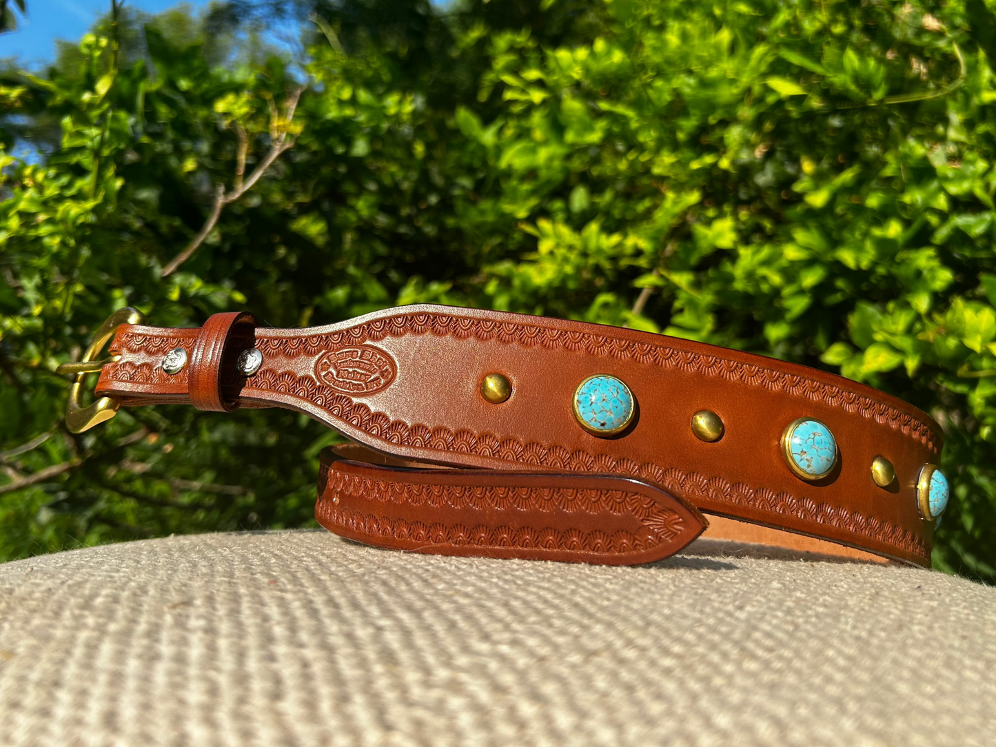 Brown Leather Tapered Belt with Turquoise Studs