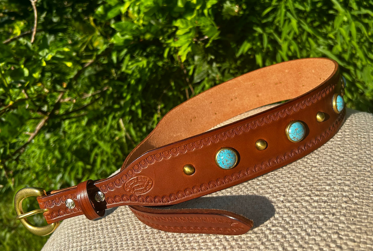 Brown Leather Tapered Belt with Turquoise Studs