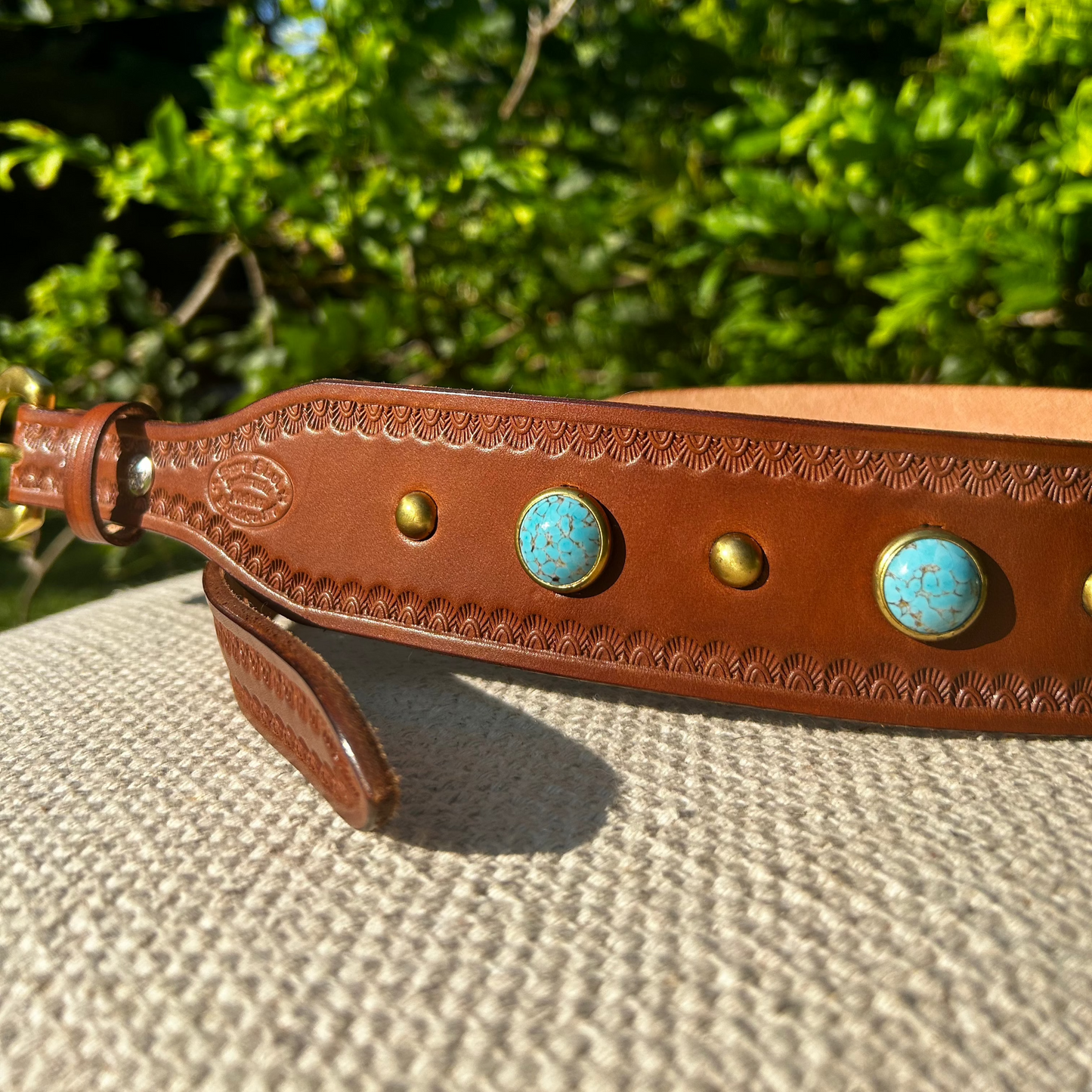 Brown Leather Tapered Belt with Turquoise Studs