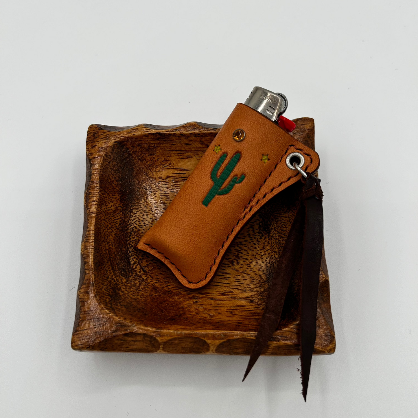 Cactus Lighter Sleeve & Vintage Wood Ashtray Set