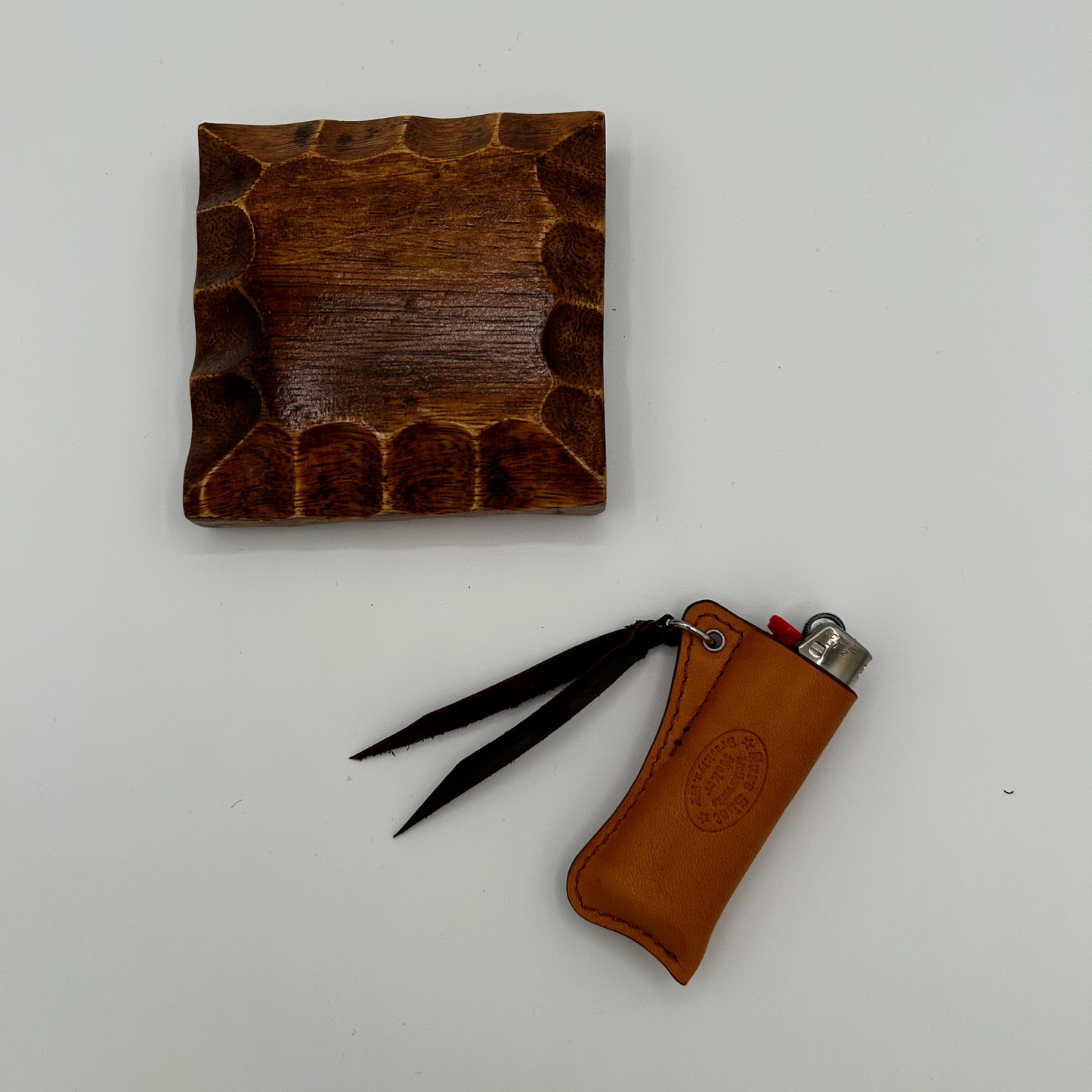 Cactus Lighter Sleeve & Vintage Wood Ashtray Set