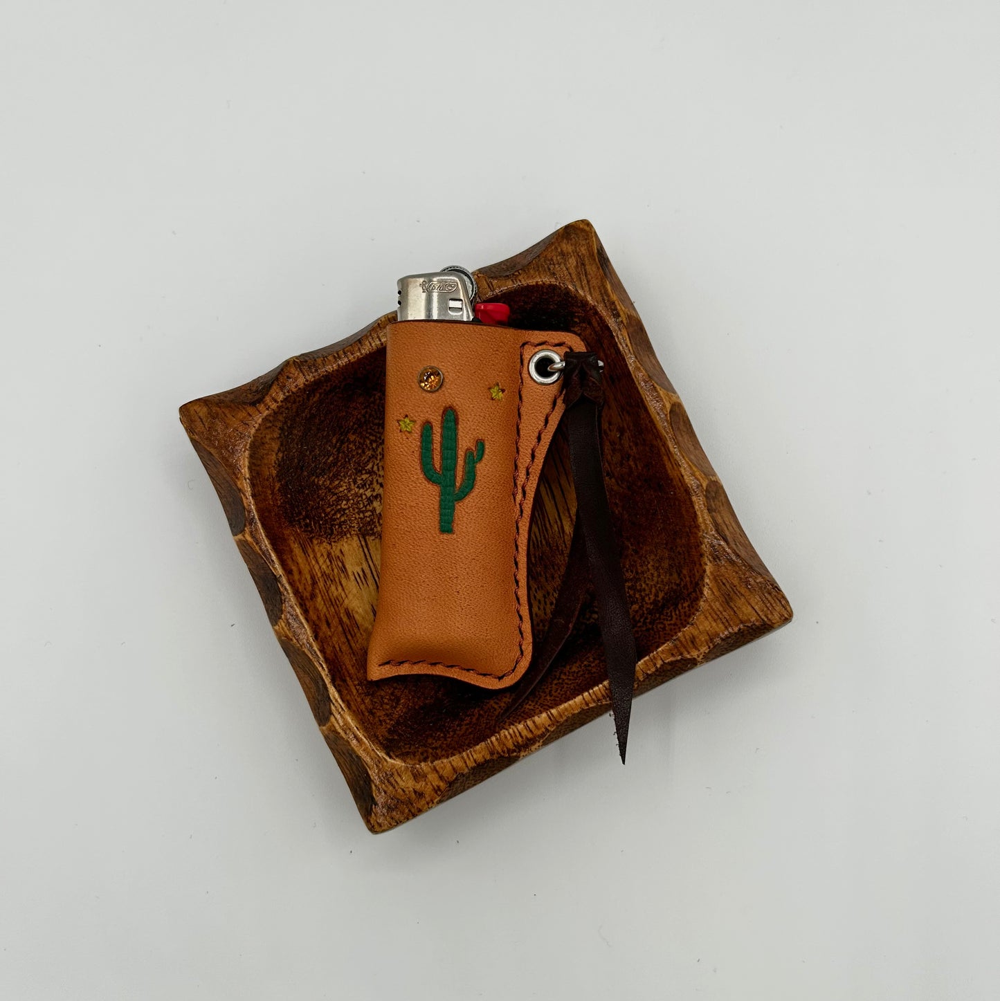 Cactus Lighter Sleeve & Vintage Wood Ashtray Set