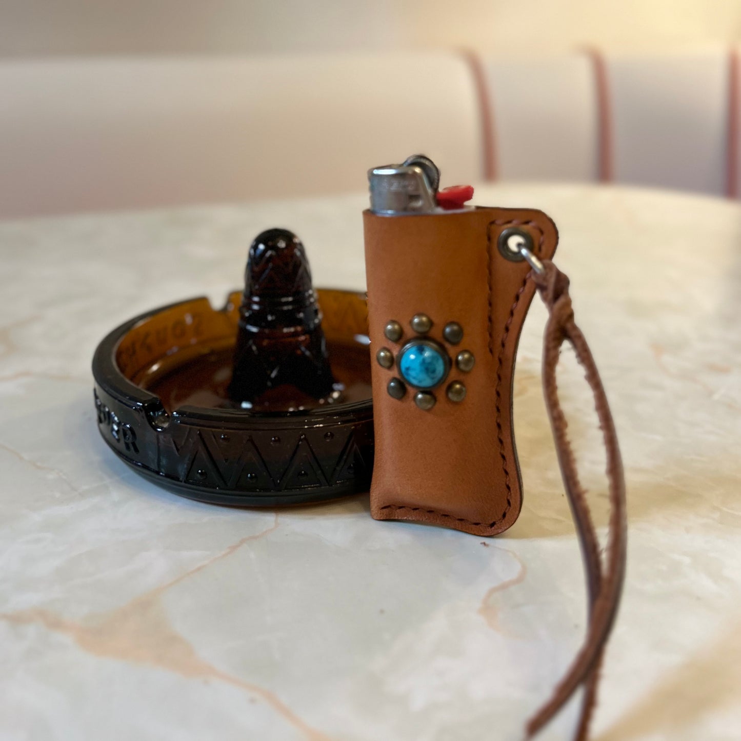 Vintage South of the Border Ashtray & Turquoise Lighter Sleeve Set