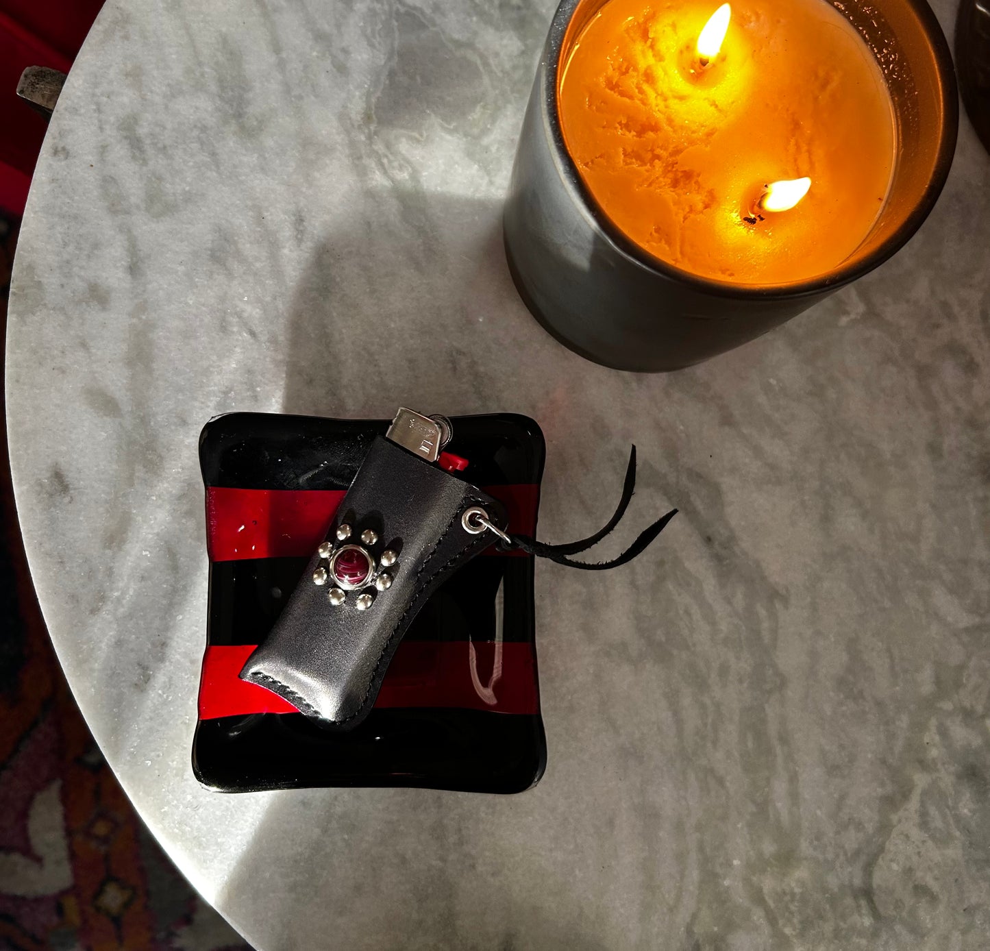 Red & Black Vintage Ashtray with Glass Cabochon Lighter Sleeve