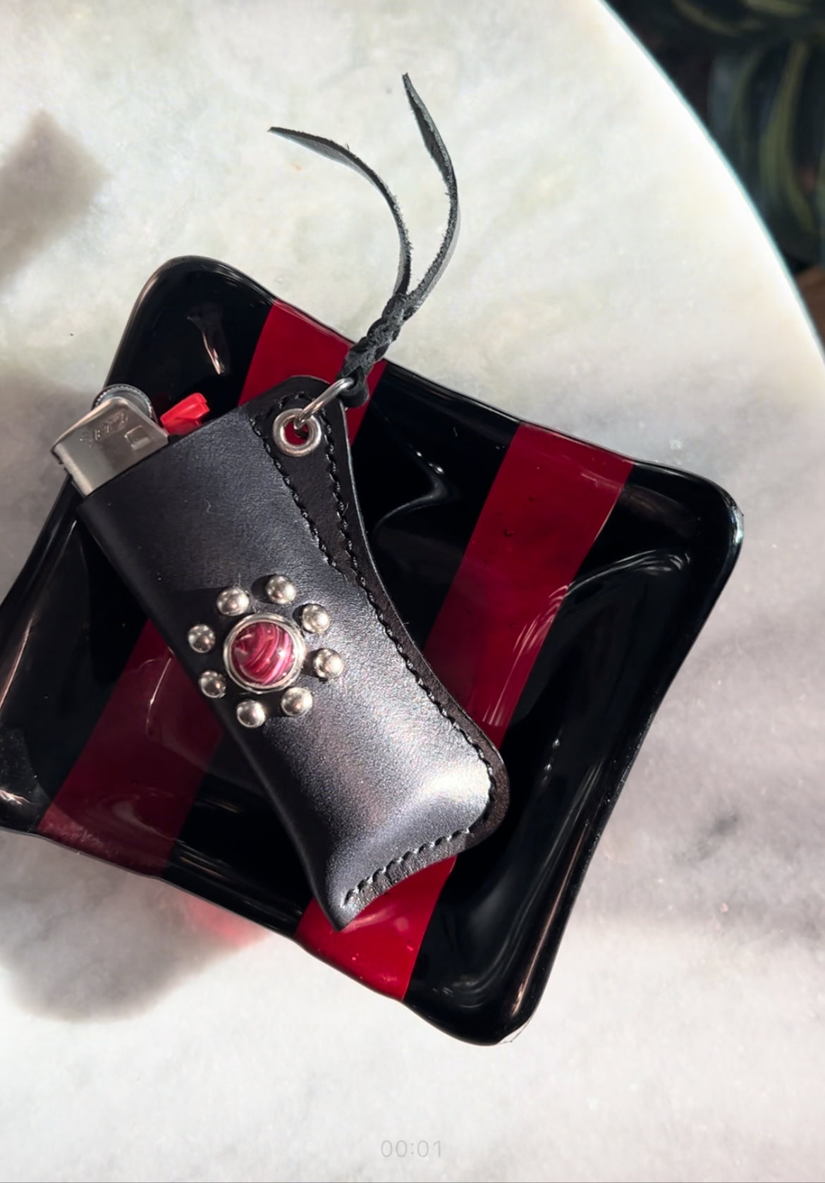 Red & Black Vintage Ashtray with Glass Cabochon Lighter Sleeve