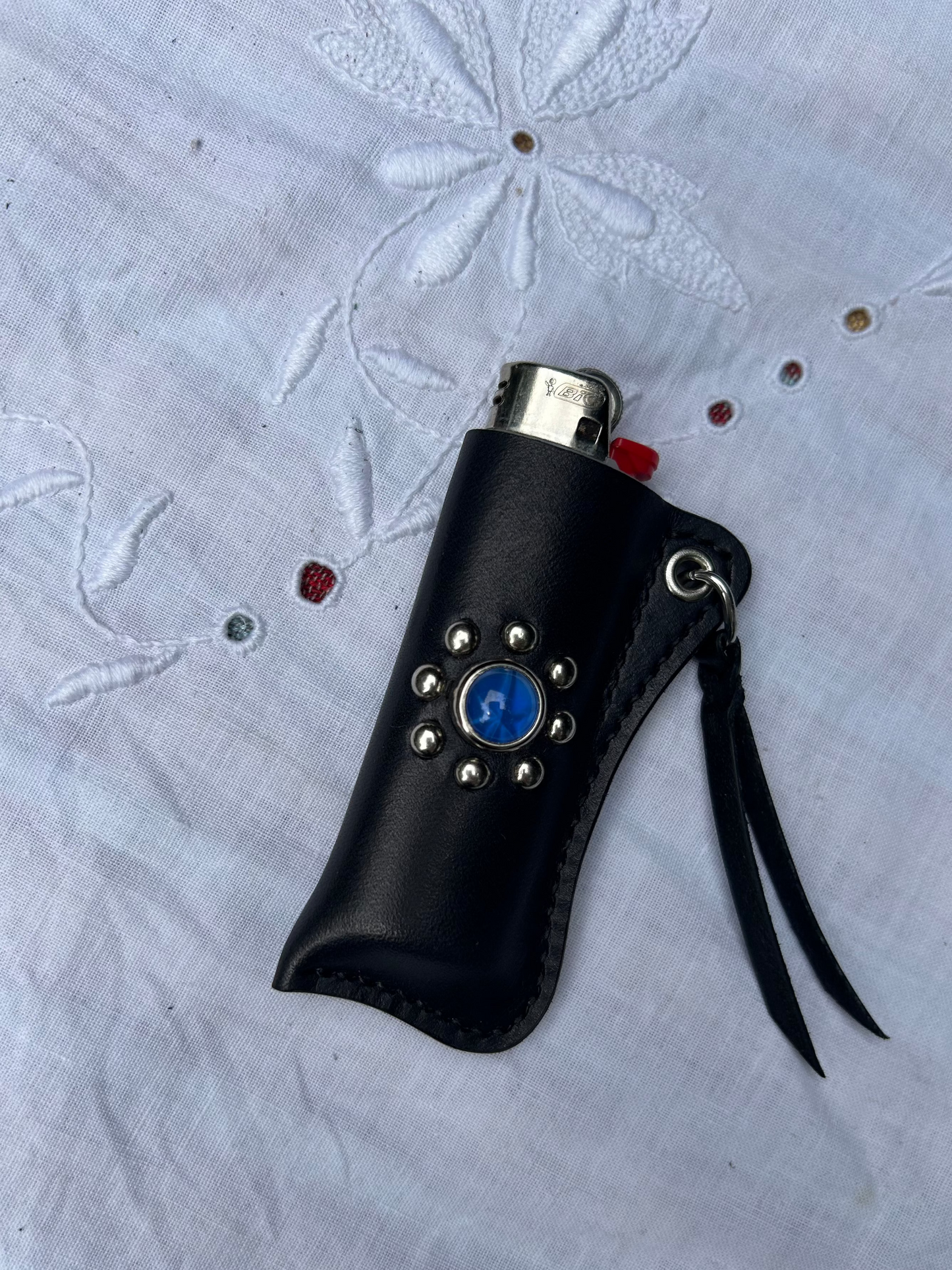 Leather Lighter Sleeve with Blue Cabochon