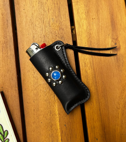 Leather Lighter Sleeve with Blue Cabochon